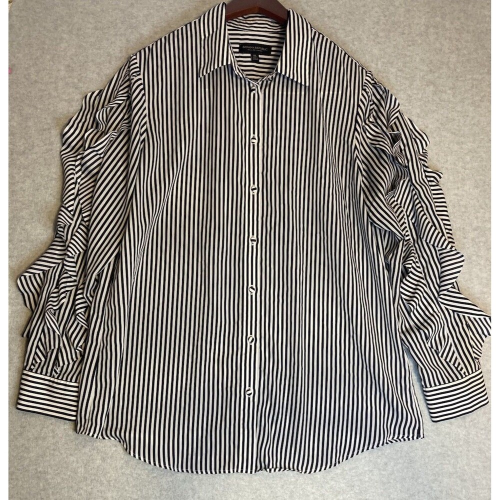 banana republic W Sz Xl Striped Blouse Navy Cream Ruffe Sleeve Satin Lightweight
